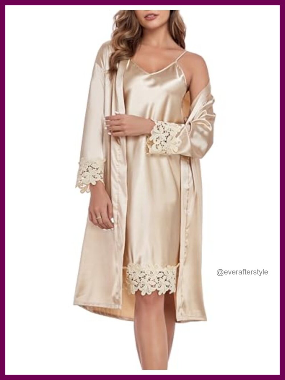 Silk Satin Robe Set with Lace Trim Nightgown 2 Piece Pajama Set